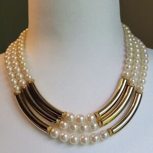 Pearl Bead and Gold Tone Bar Layered Three Strand Necklace